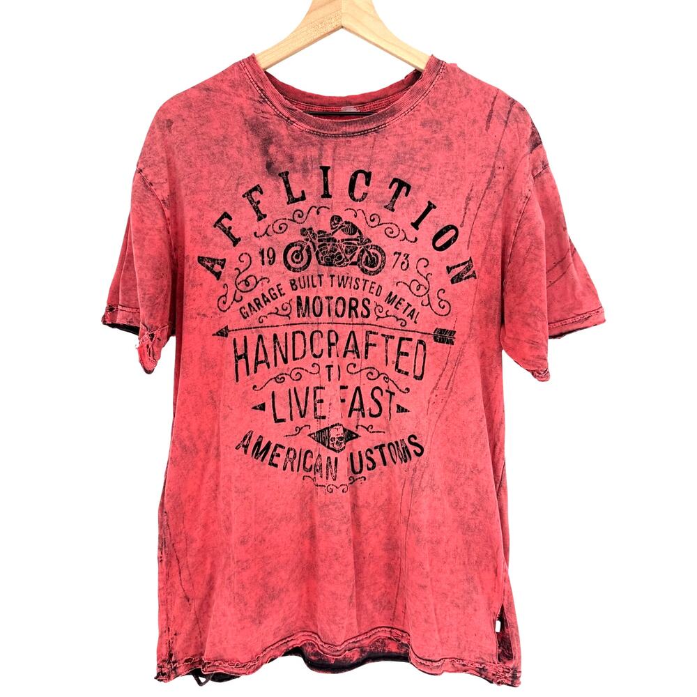 Affliction Live Fast Mens Grunge Y2K Biker Graphic T-Shirt Distressed Red M L